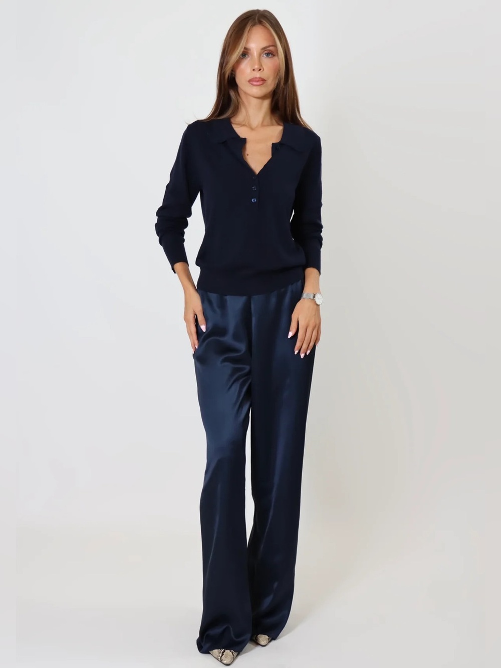 April Seven April Satin Straight Leg Pants in Navy Blue Size X-Small Tall NWT